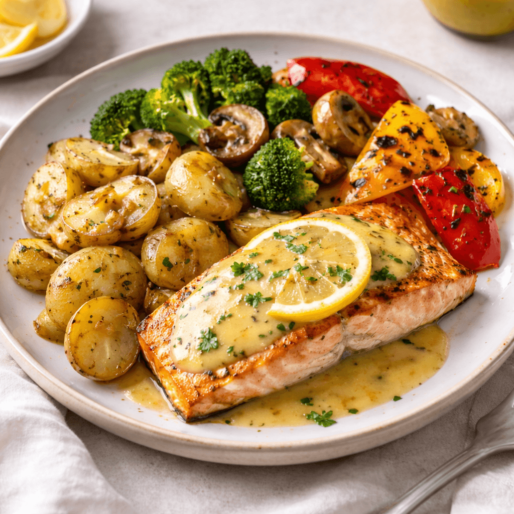 Baked Lemon Salmon Fillet + Lyonnaise Potato + Grilled Peppers, mushrooms & Broccoli