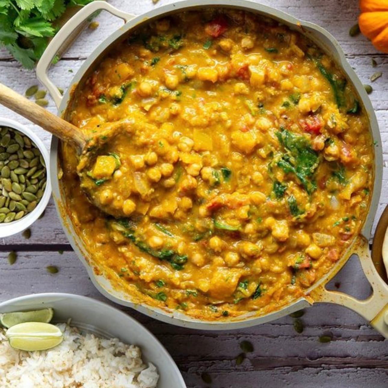 Pumpkin & Chickpea Coconut Dahl + Steamed White Rice + Grilled Green Beans & pickled Raddish