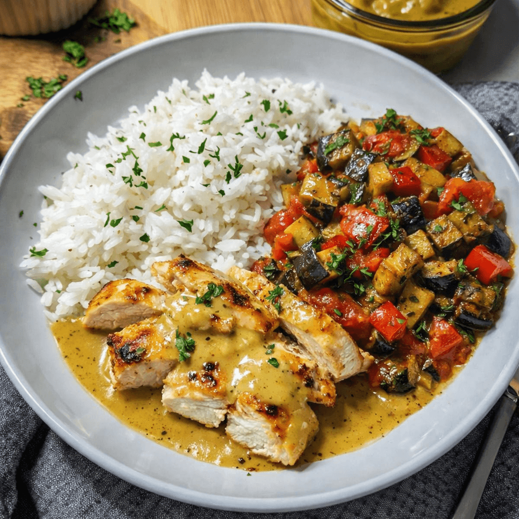 Honey Mustard Chicken, Steamed White Rice, Ratatouille