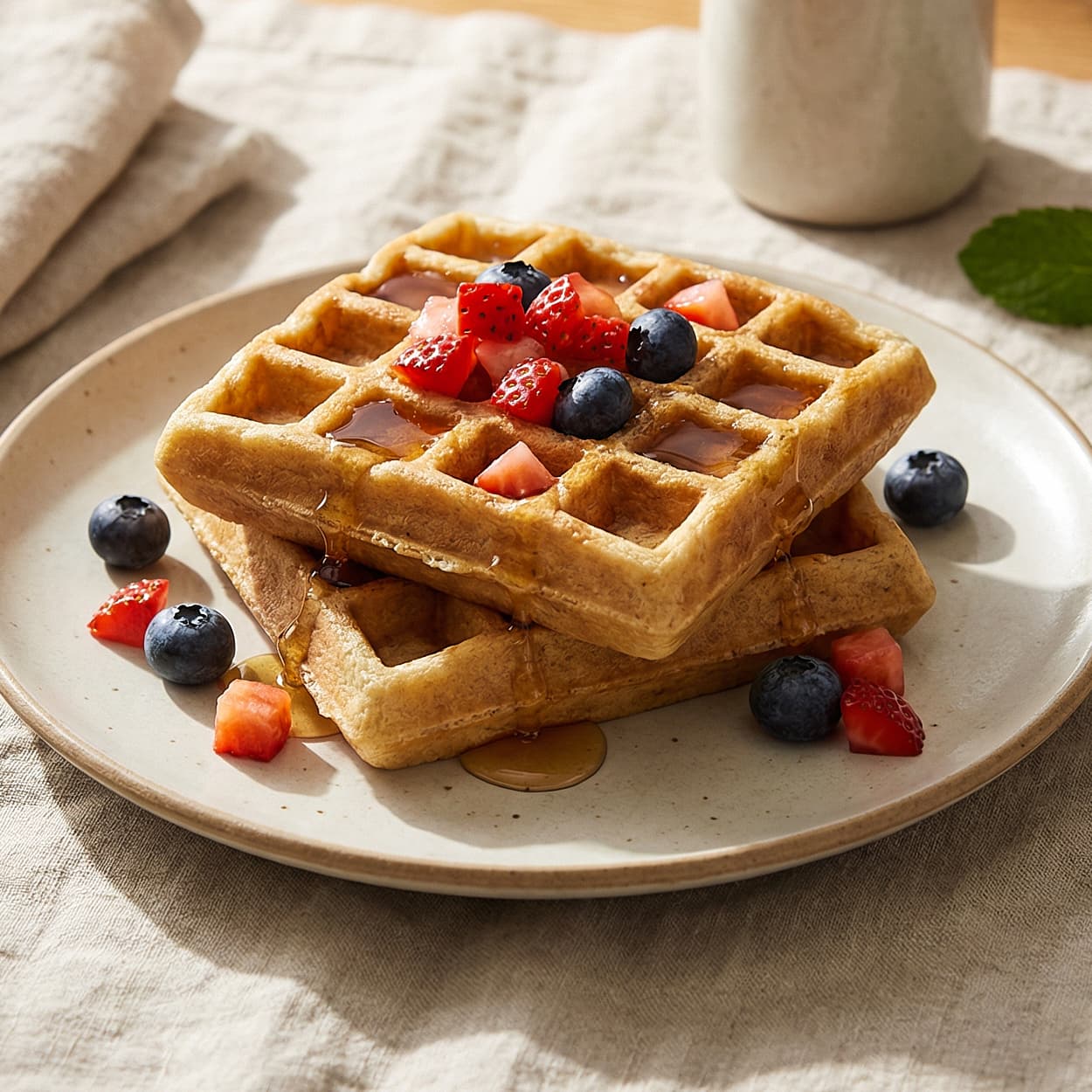 Apple Cinnamon Waffles with Agave Syrup and Mixed Berries