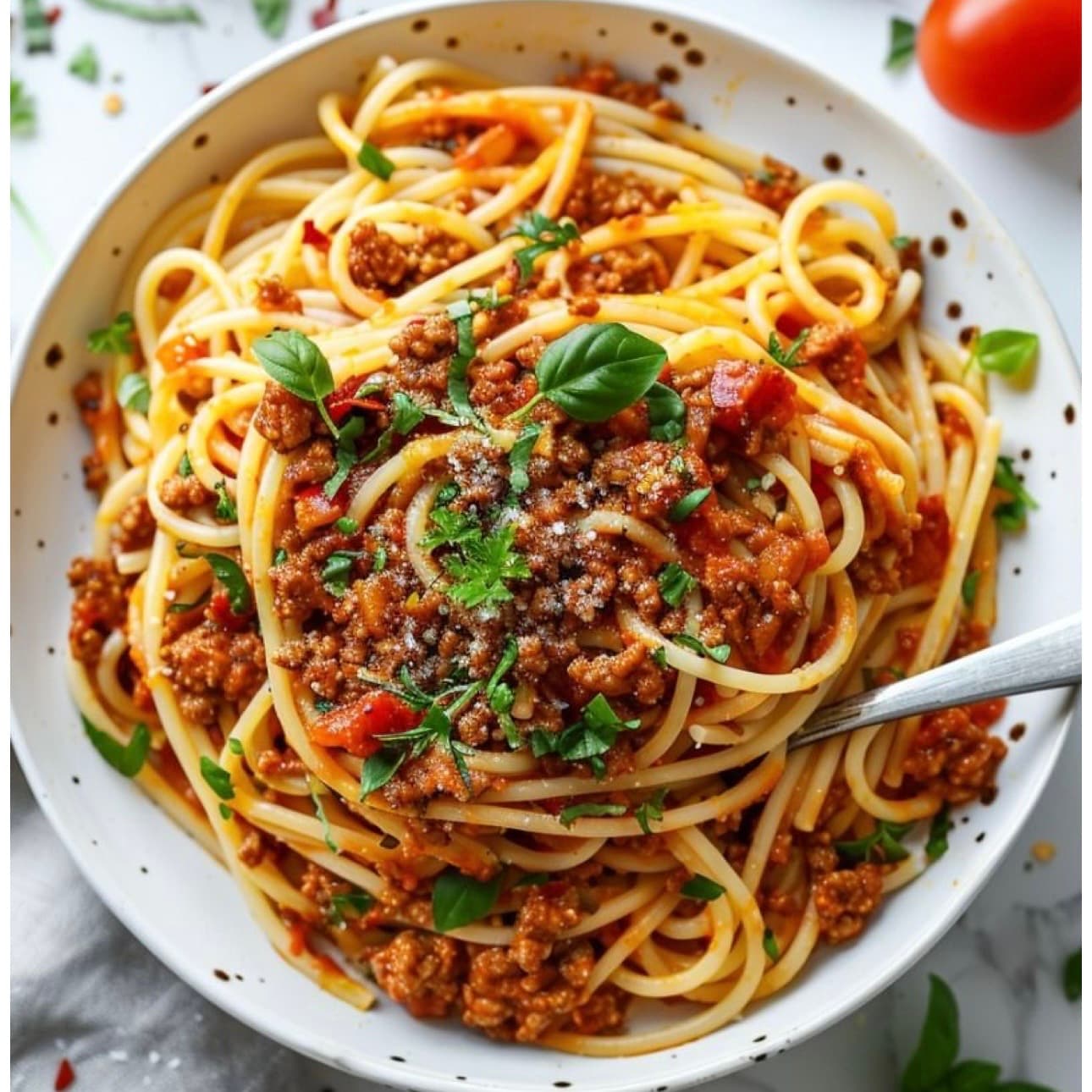 Spaghetti Bolognaise with Grilled Tomatoes