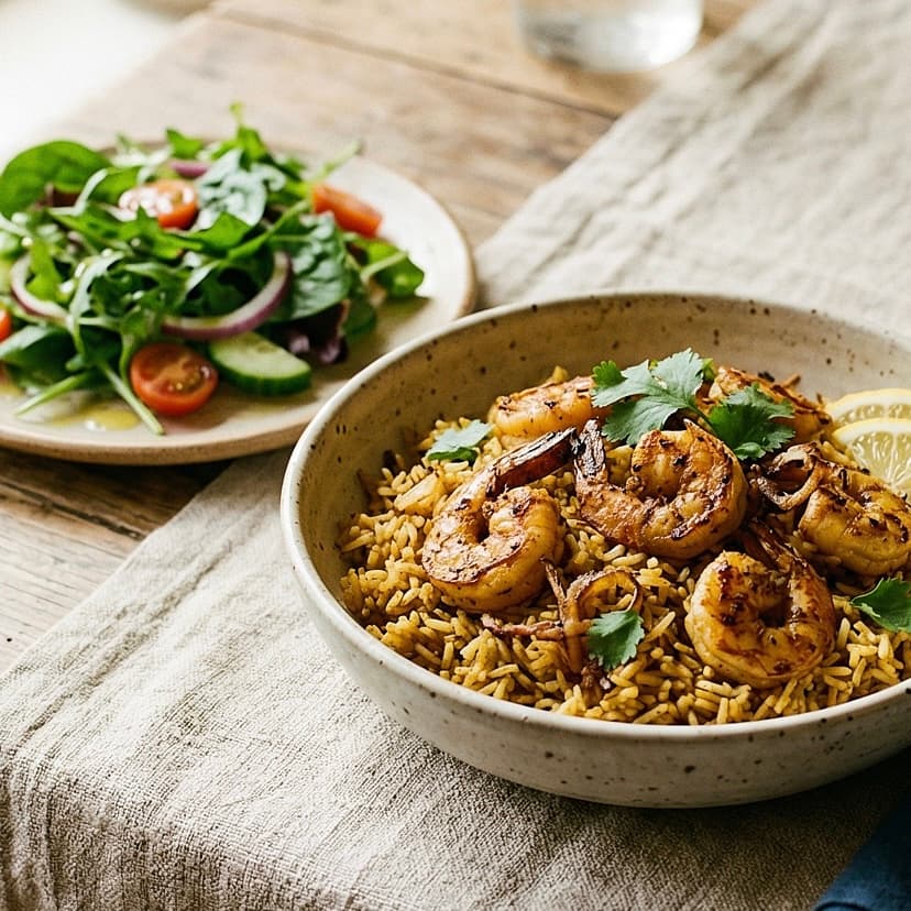 Prawn Machboos with Raita and Green Salad