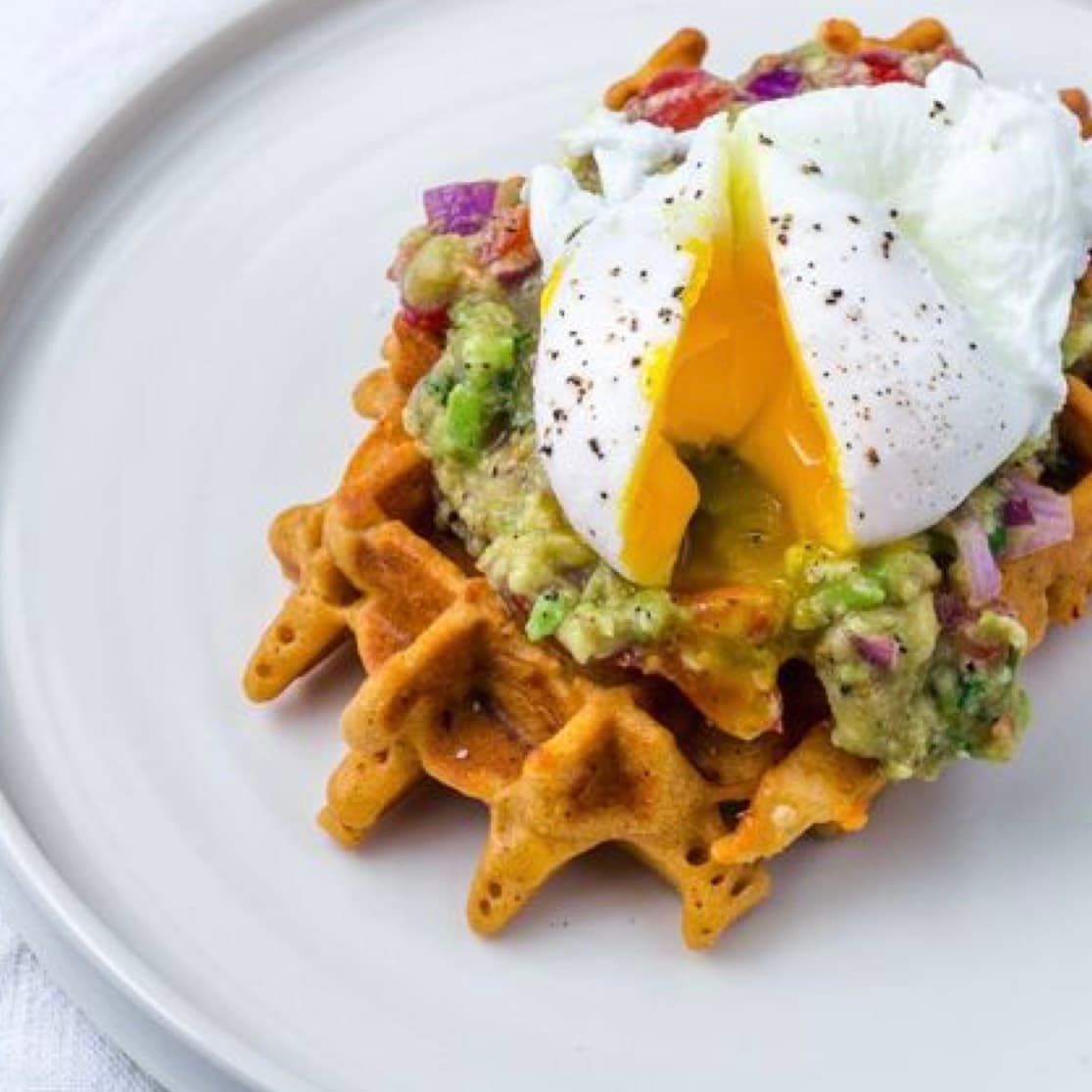 Savory Potato Waffles with Egg, Guacamole and Pico De Gallo