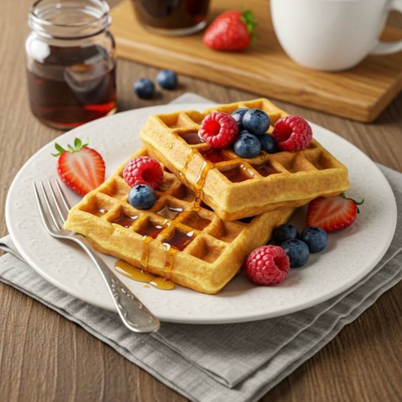 Peppermint Protein Waffles with Agave Syrup and Mixed Berries