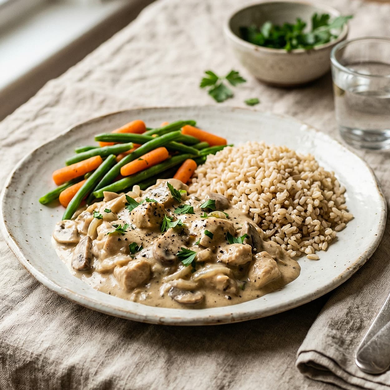 Chicken Coconut Stroganoff, Steamed Brown Rice, Green Beans and Carrots